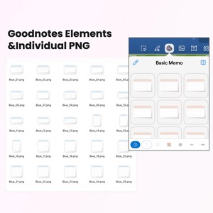 K&ouml;nnte beinhalten: Digitale Produktpr&auml;sentation mit nummerierten blauen PNG-Dateien und einem Screenshot einer "Basic Memo"-Oberfl&auml;che. Der Text "Goodnotes Elements & Individual PNG" befindet sich oben.