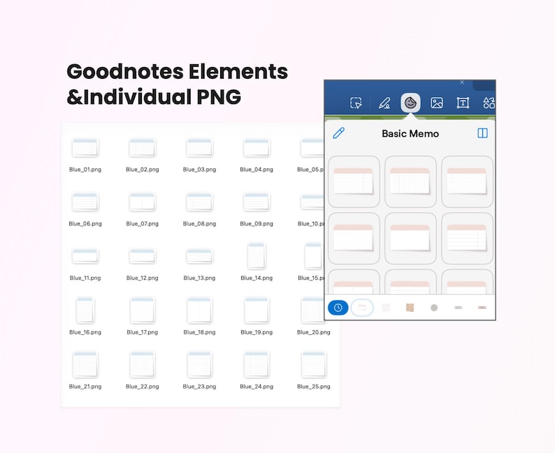 K&ouml;nnte beinhalten: Digitale Produktpr&auml;sentation mit nummerierten blauen PNG-Dateien und einem Screenshot einer "Basic Memo"-Oberfl&auml;che. Der Text "Goodnotes Elements & Individual PNG" befindet sich oben.
