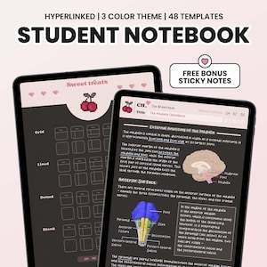 May include: A digital notebook template with a pink, white, and black color scheme. The notebook features a grid, lined, dotted, and blank page options. The notebook also includes a free bonus sticky note set. The notebook is designed for students and features a cherry graphic and the text "Sweet Treats".
