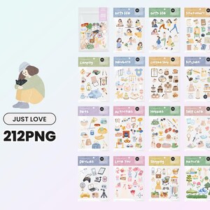 May include: A set of 12 digital sticker sheets featuring various themes, including camping, newborn, coffee shop, kitchen, pets, activities, hobbies, self-care, devices, love you, shopping, and nature. Each sheet includes colorful illustrations and text.
