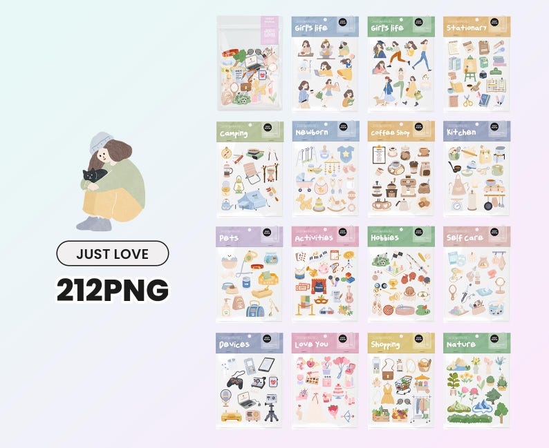 May include: A set of 12 digital sticker sheets featuring various themes, including camping, newborn, coffee shop, kitchen, pets, activities, hobbies, self-care, devices, love you, shopping, and nature. Each sheet includes colorful illustrations and text.