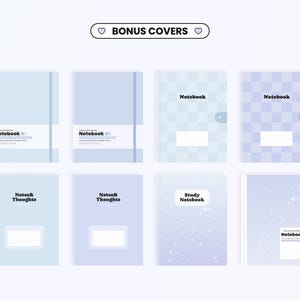 May include: A set of ten notebook covers with different designs. The covers are all in shades of blue and feature various patterns, including checkered, polka dot, and star-shaped designs. The text "Notebook" appears on each cover.