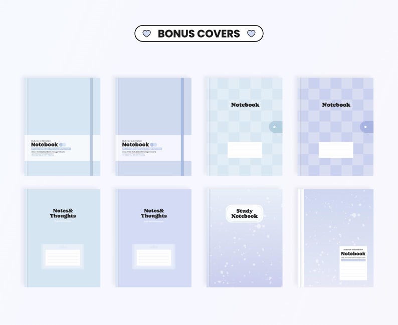 May include: A set of ten notebook covers with different designs. The covers are all in shades of blue and feature various patterns, including checkered, polka dot, and star-shaped designs. The text "Notebook" appears on each cover.