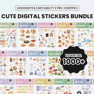 May include: A digital sticker bundle for Goodnotes and Notability apps. The bundle includes over 1000 cute stickers in various themes, including workout, western, workspace, autumn, summer, spring, activities, sweet, winter, vegetable, stationary, pets, cooking, hobbies, devices, and travel.
