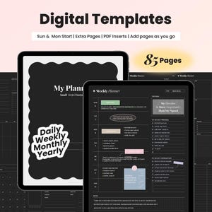 Mörka odaterade digitala planerarmallar för GoodNotes Daglig Veckovis Månadsvis Dashboard iPad Planner Inserts Minimalistisk digital journal