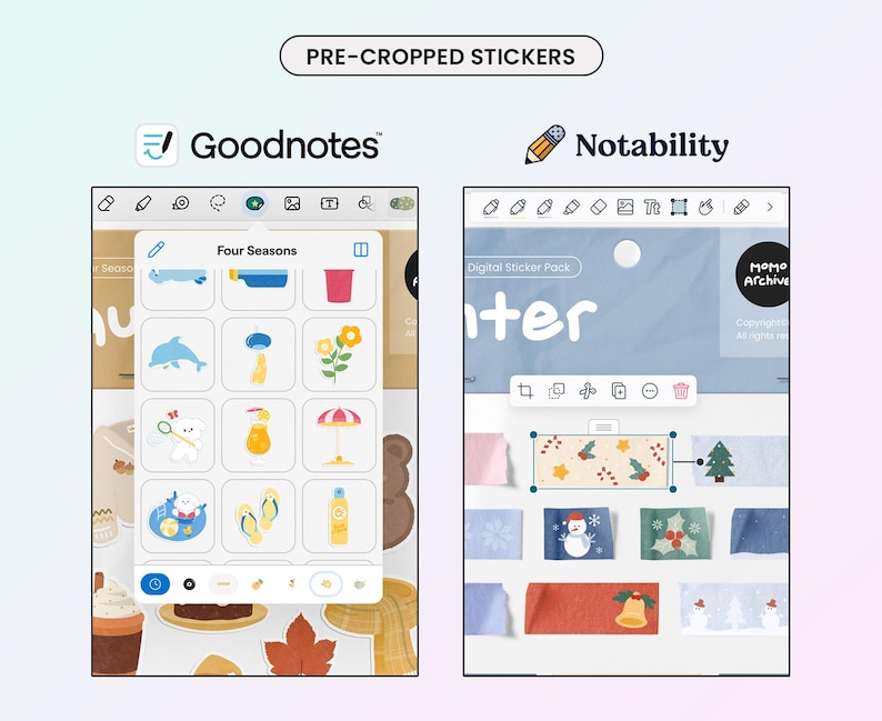 May include: A screenshot of two digital note-taking apps, Goodnotes and Notability, showing pre-cropped sticker packs. The Goodnotes app shows a sticker pack called "Four Seasons" with various stickers, including a dolphin, a flower, a sun, and a beach umbrella. The Notability app shows a sticker pack called "Winter" with various stickers, including a snowflake, a snowman, a bell, and a Christmas tree.