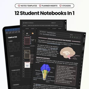 12 In 1 Student Digital Notebook for Goodnotes Dark Gradient Notability iPad Hyperlinked Cornell Notebook With Tabs Templates Academic