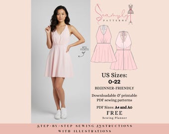 Halter Neck Mini Dress Sewing Pattern: Pleated Bodice (PDF Pattern)