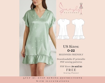 Nachthemd Schnittmuster | Kimono Style Nachtwäsche für Damen | Damengrößen 0-22 (PDF-Schnittmuster)