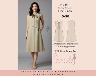 Puede incluir: Una mujer con un vestido beige sin mangas con cuello de lazo y botones. La imagen incluye un patrón de costura con el texto "FREE Sewing Planner US Sizes: 0-30" y "Downloadable & printable PDF sewing patterns."