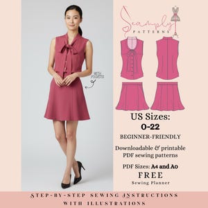 Puede incluir: Una mujer modela un vestido rosa polvoriento con detalle de lazo y bolsillos. La imagen incluye un diagrama de patrón y el texto: "Tallas US: 0-22, Para principiantes, patrones de costura PDF descargables e imprimibles."