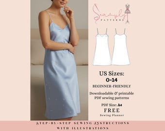 Slip Silk Dress Nightgown Sewing Pattern | Women's Size 0-14 (PDF Pattern)