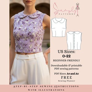 Puede incluir: Una blusa sin mangas de color lavanda con cuello Peter Pan y bordado floral se combina con pantalones blancos. La imagen incluye un diagrama de patrón de costura y el texto: "Tallas US: 0-22, Para principiantes, patrones de costura PDF descargables e imprimibles."