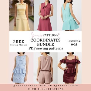 May include: A collection of six dresses and a romper in various colors, including yellow, red, and blue. The image includes text that reads "FREE Sewing Planner COORDINATES BUNDLE PDF sewing patterns US Sizes: 0-22".