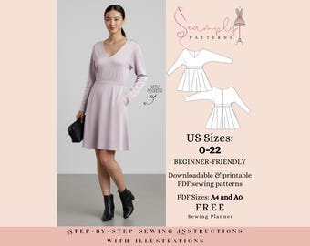 Fledermaus Minikleid Anfänger freundlich PDF Schnittmuster | Damengröße 0-22