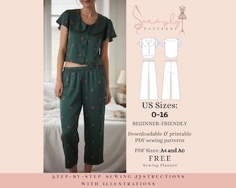 Damen Pyjama Schnittmuster | Nachtwäsche Größen 0-16 (PDF Schnittmuster)