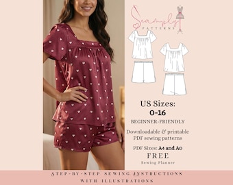 Damen Pyjama Set Schnittmuster | Nachtwäsche Größen 0-16 (PDF Schnittmuster)