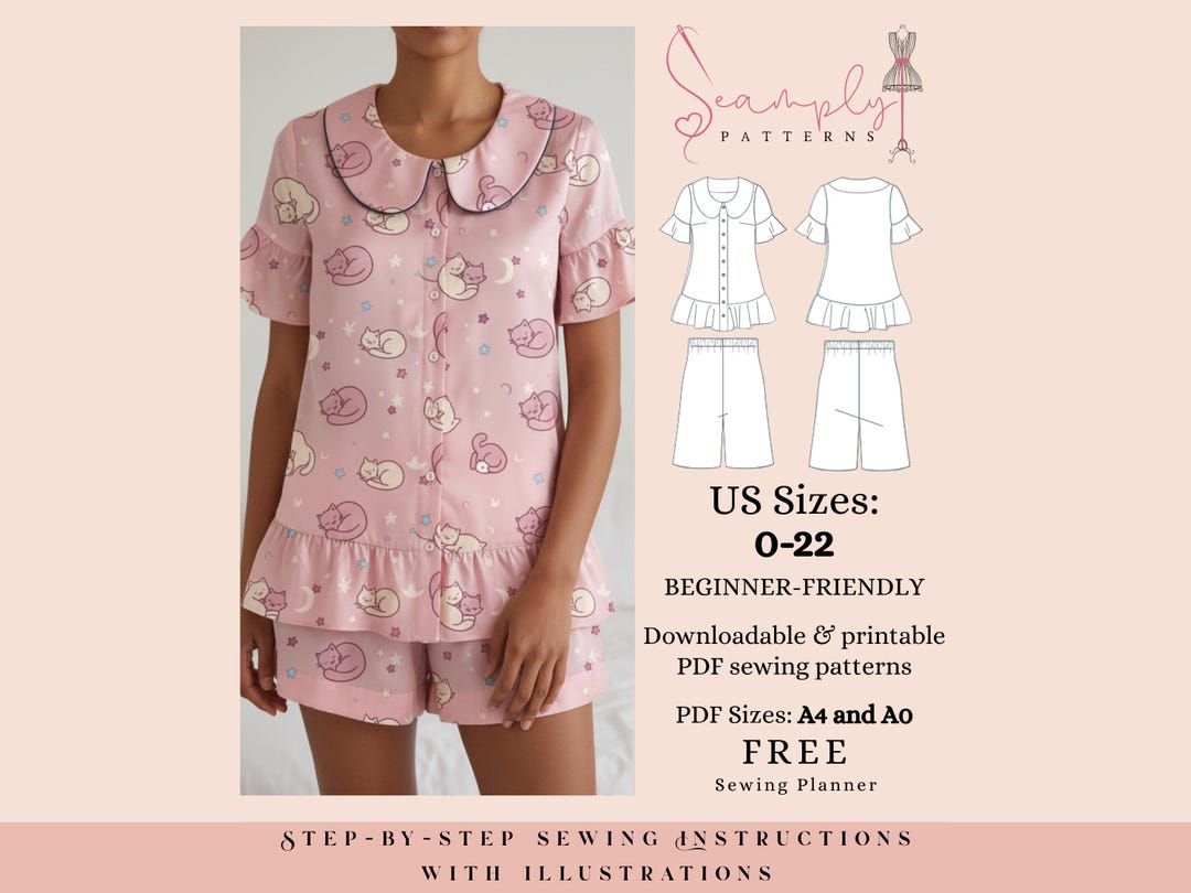 Pajama Sewing Pattern Top and Shorts Set | Women's Sizes 0-22 (PDF ...