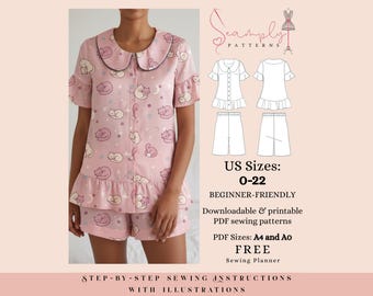 Pyjama Schnittmuster Top und Shorts Set | Damengrößen 0-22 (PDF-Schnittmuster)