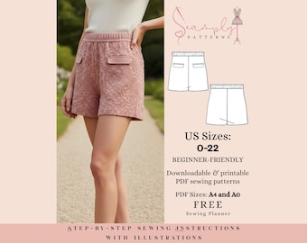 Elastischer Bund Shorts mit Klappentaschen PDF Schnittmuster | Damengröße 0-22 (Anfängerfreundlich)