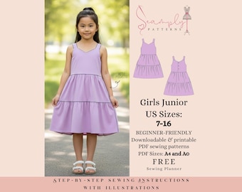 Mädchen Ärmellos Gestuftes Kleid PDF Schnittmuster | Mädchen Junior (US 7-16)