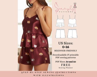 Pyjama Set Schnittmuster für Frauen | Nachtwäsche Größen 0-16 (PDF Schnittmuster)
