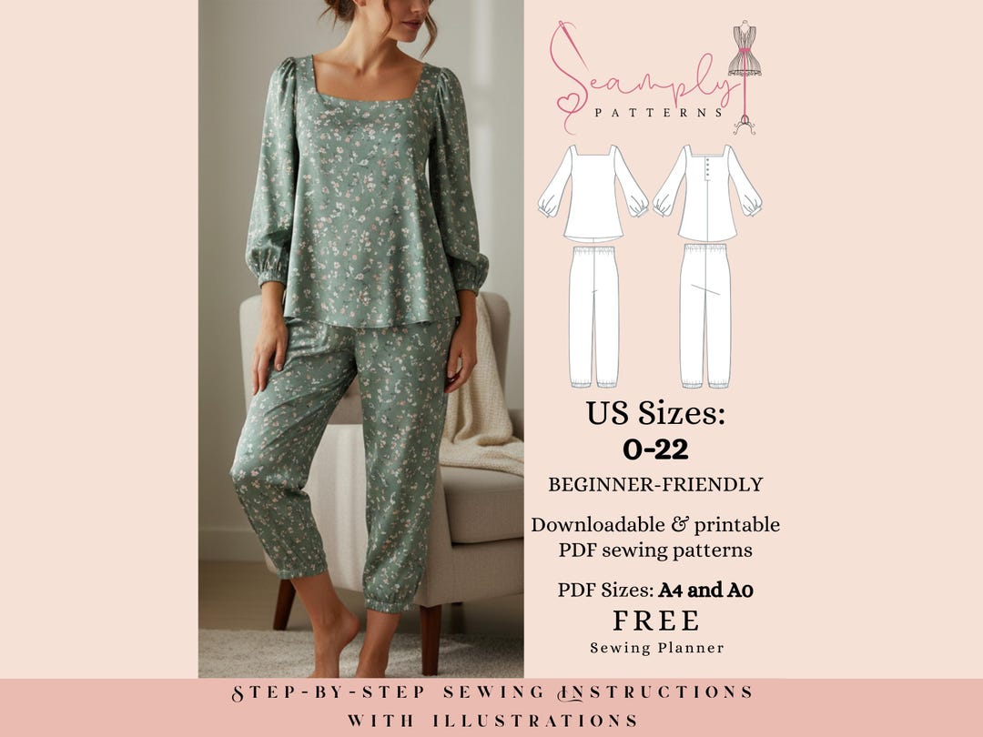 Female Pyjamas Pattern Pajama Sewing Pattern - Top and Pants | Sleepwear Set for Women | Sizes ...