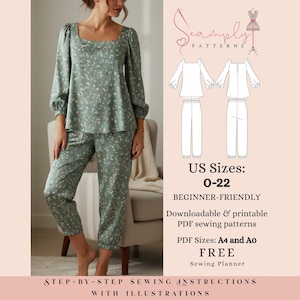 Puede incluir: Conjunto de pijama floral verde salvia con cuello cuadrado y mangas largas. La imagen incluye un diagrama de patrón y el texto "US Sizes: 0-22, Beginner-Friendly, Downloadable & printable PDF sewing patterns."