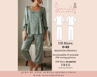 Pyjama-Schnittmuster - Top und Hose | Nachtwäsche-Set für Damen | Grössen 0-22 (PDF Schnittmuster)