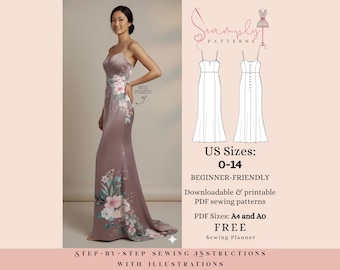 Brautjungfer Kleid PDF Schnittmuster | Damengröße 0-14
