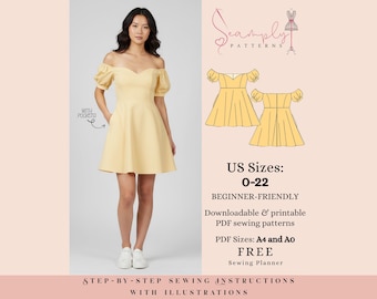 Schulterfreies Minikleid Schnittmuster: Anfängerfreundlich (PDF Pattern)