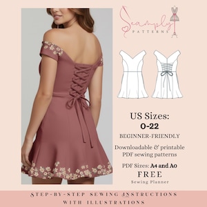May include: A dusky pink off-the-shoulder dress with a lace-up back and floral embroidery. The image includes sewing pattern illustrations and text: "US Sizes: 0-22, Beginner-Friendly, Downloadable & printable PDF sewing patterns, FREE Sewing Planner."