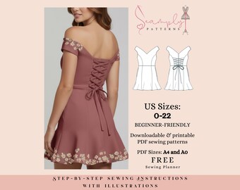 Dropped Schulter mit Back Strings Kleid Schnittmuster | Damengröße 0-22 (PDF-Datei)