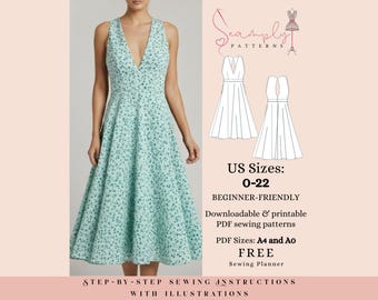 Schnittmuster für ein Midi-Kleid mit V-Ausschnitt und Schlüsselloch-Rücken: PDF Nähanleitung (Frauen-Größe 0-22)