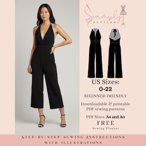 May include: A woman models a black halter jumpsuit with wide legs. The image includes sewing pattern details: US sizes 0-22, beginner-friendly, downloadable PDF patterns, and a free sewing planner. Step-by-step sewing instructions with illustrations are also included.