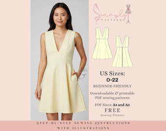 Tiefes V-Neck Ärmelloses Kleid Schnittmuster (PDF-Muster)