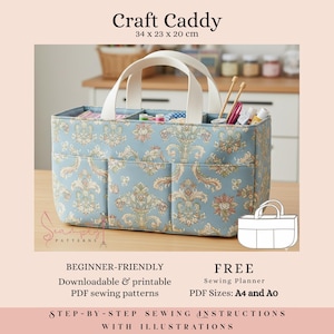 May include: A blue craft caddy with a floral pattern, featuring multiple pockets and white handles. The caddy measures approximately 13.4 x 9.1 x 7.9 inches and is designed for storing sewing supplies. The image also includes text that says "Craft Caddy".