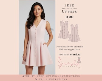 Schnittmuster für ausgestelltes Minikleid: V-Ausschnitt Button Down, gewebter Stoff (Digital Download)