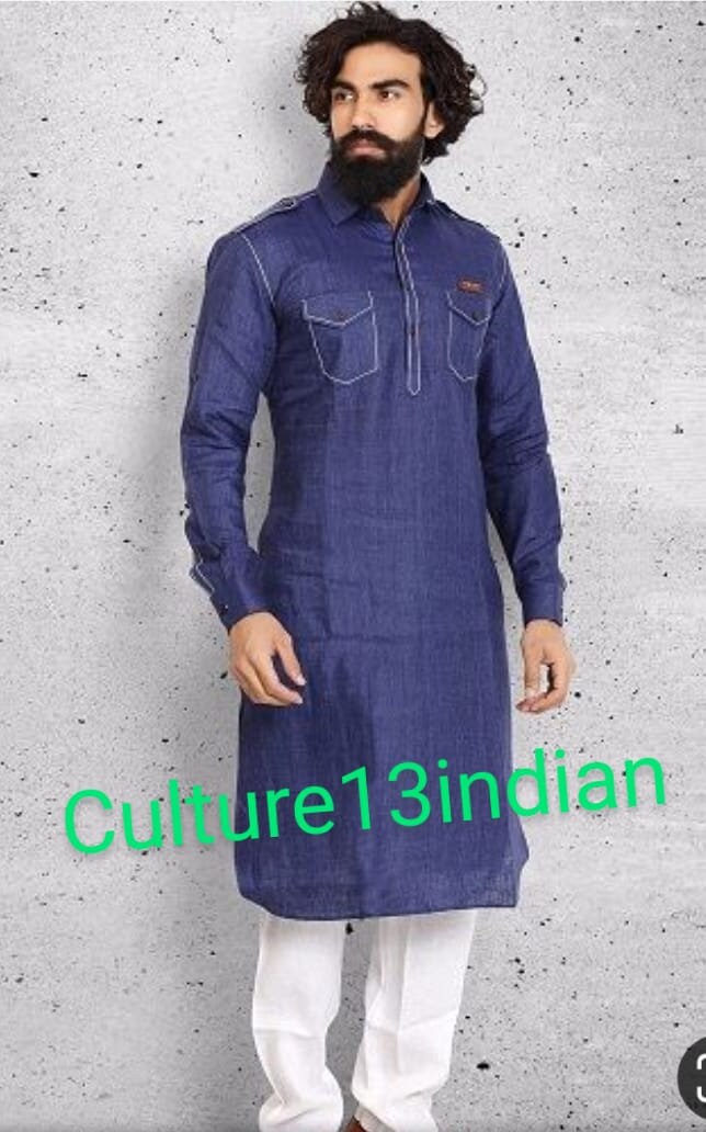 Mens kurta denim fabric fast color pathani kurta long solid Etsy