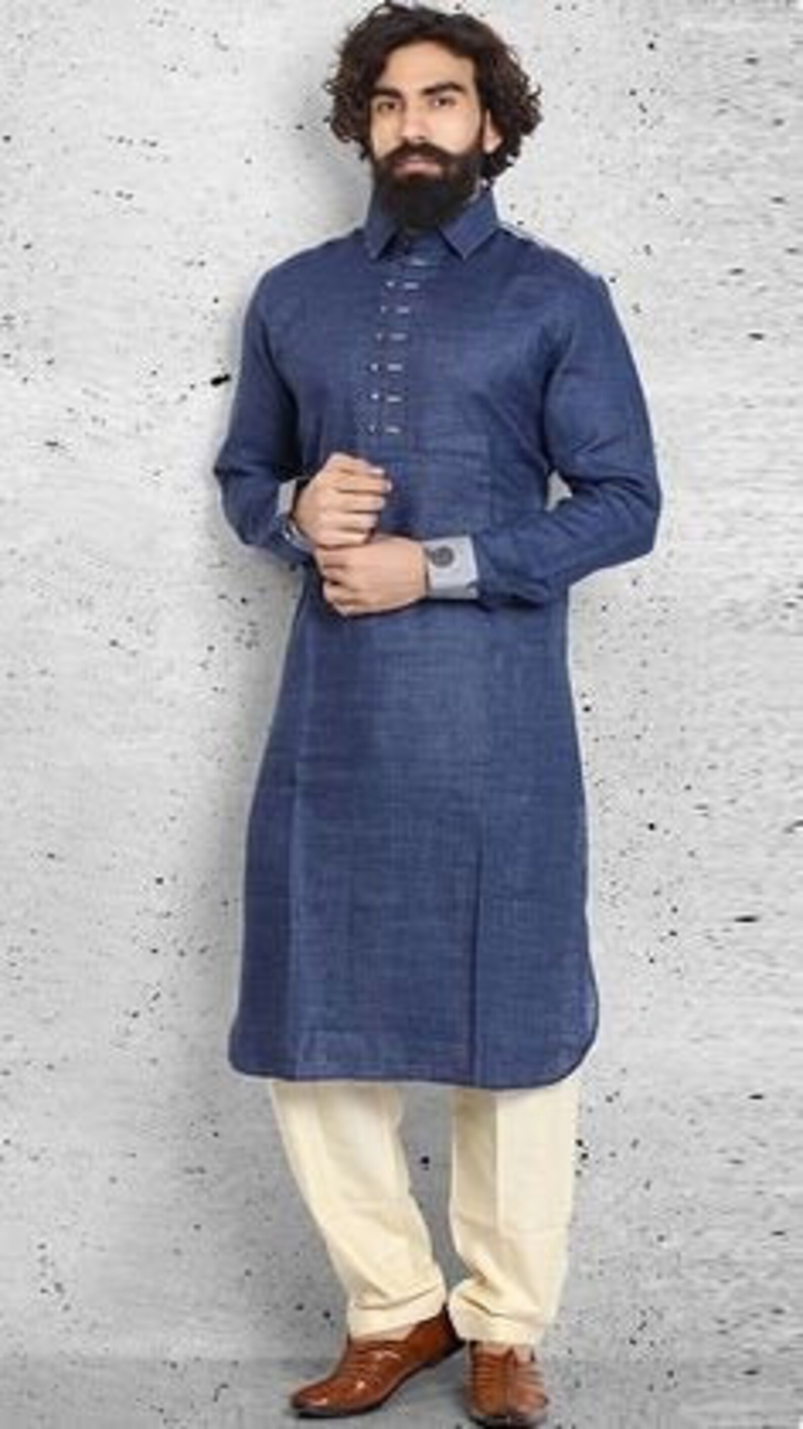 Men kurta denim fabric fast color pathani kurta long solid Etsy