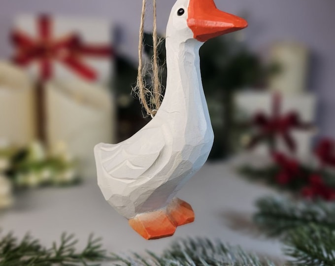Hand Carved White Goose Ornament, Basswood Figurine, Farmhouse Christmas Decor