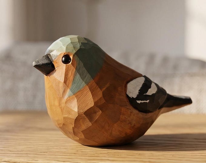 Hand-Painted Chaffinch Wood Bird Statue, Sustainable Basswood Nature Decor