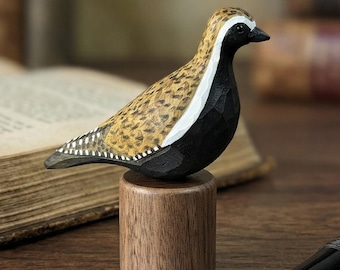 Hand Carved Pacific Golden Plover Wooden Bird Figurine, Whittled Shorebird Sculpture, Rustic Decor