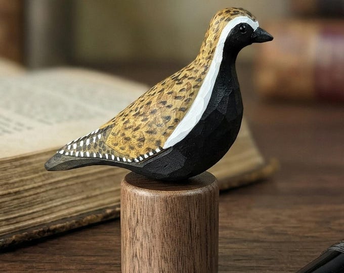 Hand Carved Pacific Golden Plover Wooden Bird Figurine, Whittled Shorebird Sculpture, Rustic Decor
