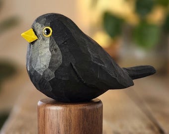 Hand-Painted Basswood Blackbird Figurine, Black Walnut Base, Bird Lover Decor