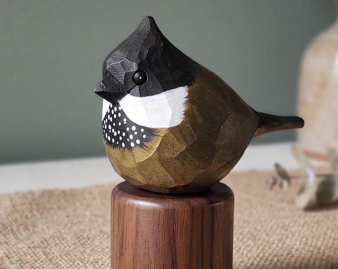 Hand-Painted Eastern Whipbird Figurine, Basswood Carving, Black Walnut Base