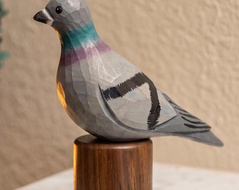 Hand Painted Basswood Rock Pigeon Figurine, Black Walnut Base, Carved Wooden Bird Statue