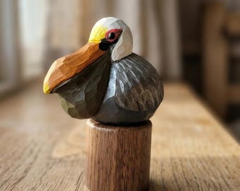 Hand Carved Brown Pelican Wooden Figurine, Hand Painted Shorebird Sculpture, Coastal Home Decor