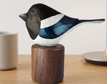 Hand-Painted Eurasian Magpie Figurine, Carved Basswood Bird Sculpture, Walnut Base Home Decor