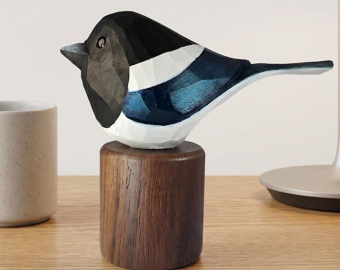 Hand-Painted Eurasian Magpie Figurine, Carved Basswood Bird Sculpture, Walnut Base Home Decor
